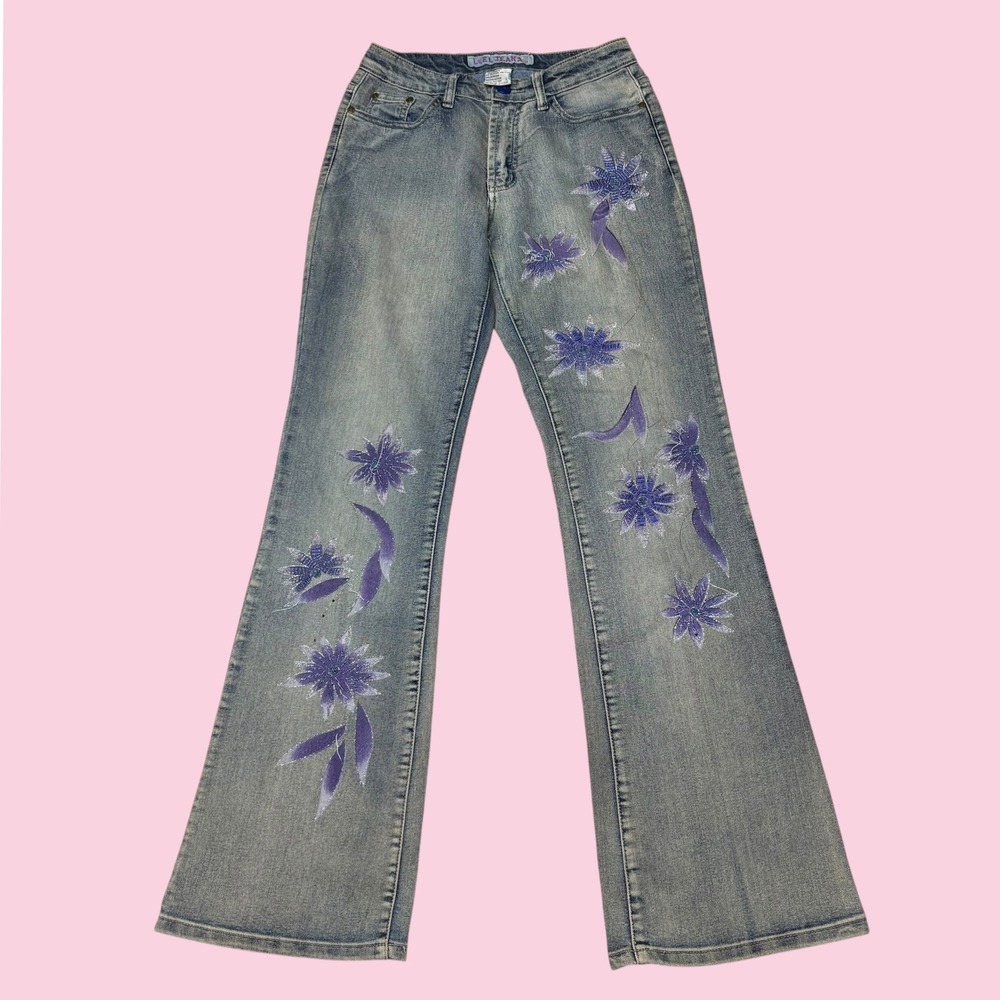 LEL‎ Jeans Vintage Purple Floral Embroidered Flare Denim Medium Wash Size 3-4